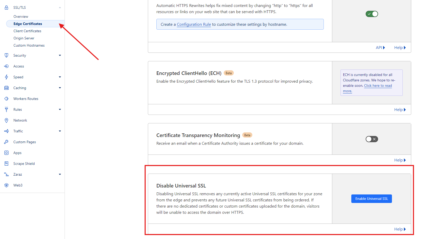 Additional settings: SSL/TLS > Edge Certificates